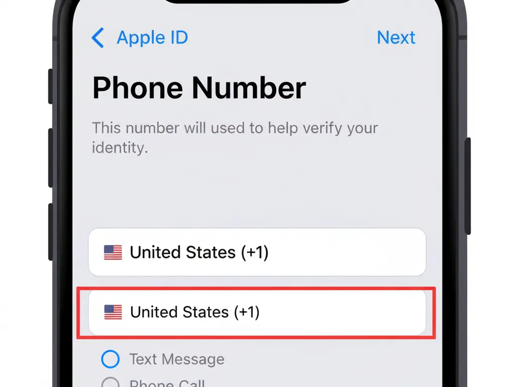 مرحله پنجم ساخت اپل آیدی با آیفون - ورود شماره تلفن (انتخاب کشور آمریکا)