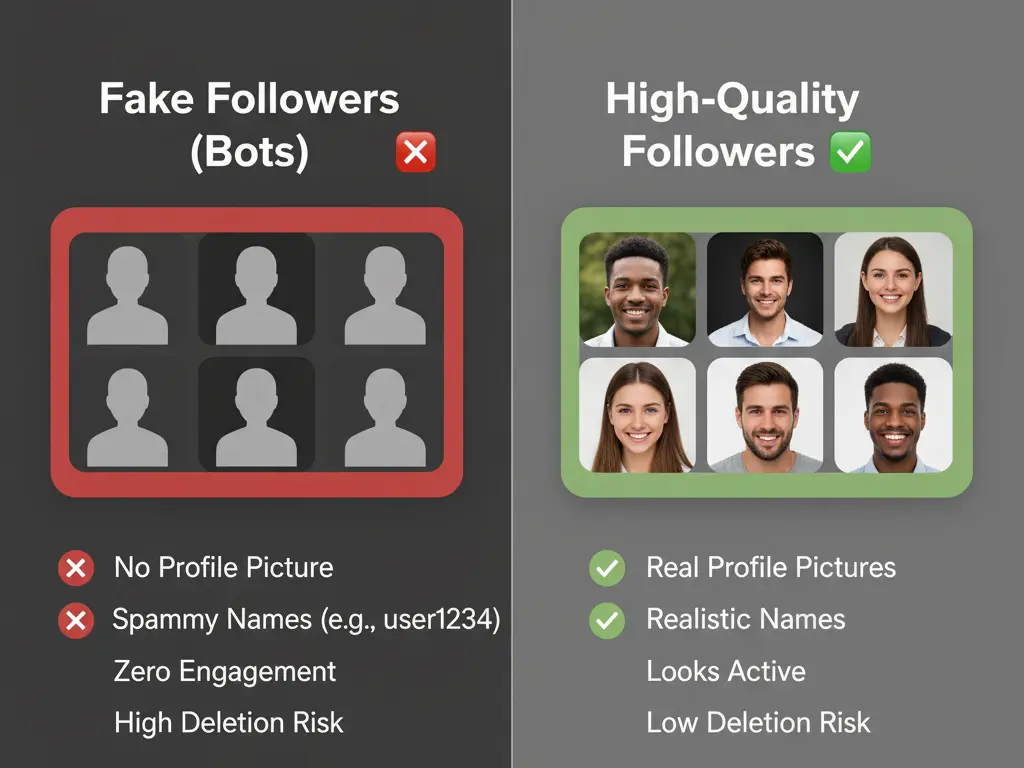 اینفوگرافیک مقایسه فالوور فیک (ربات) با فالوور باکیفیت (پروفایل واقعی)