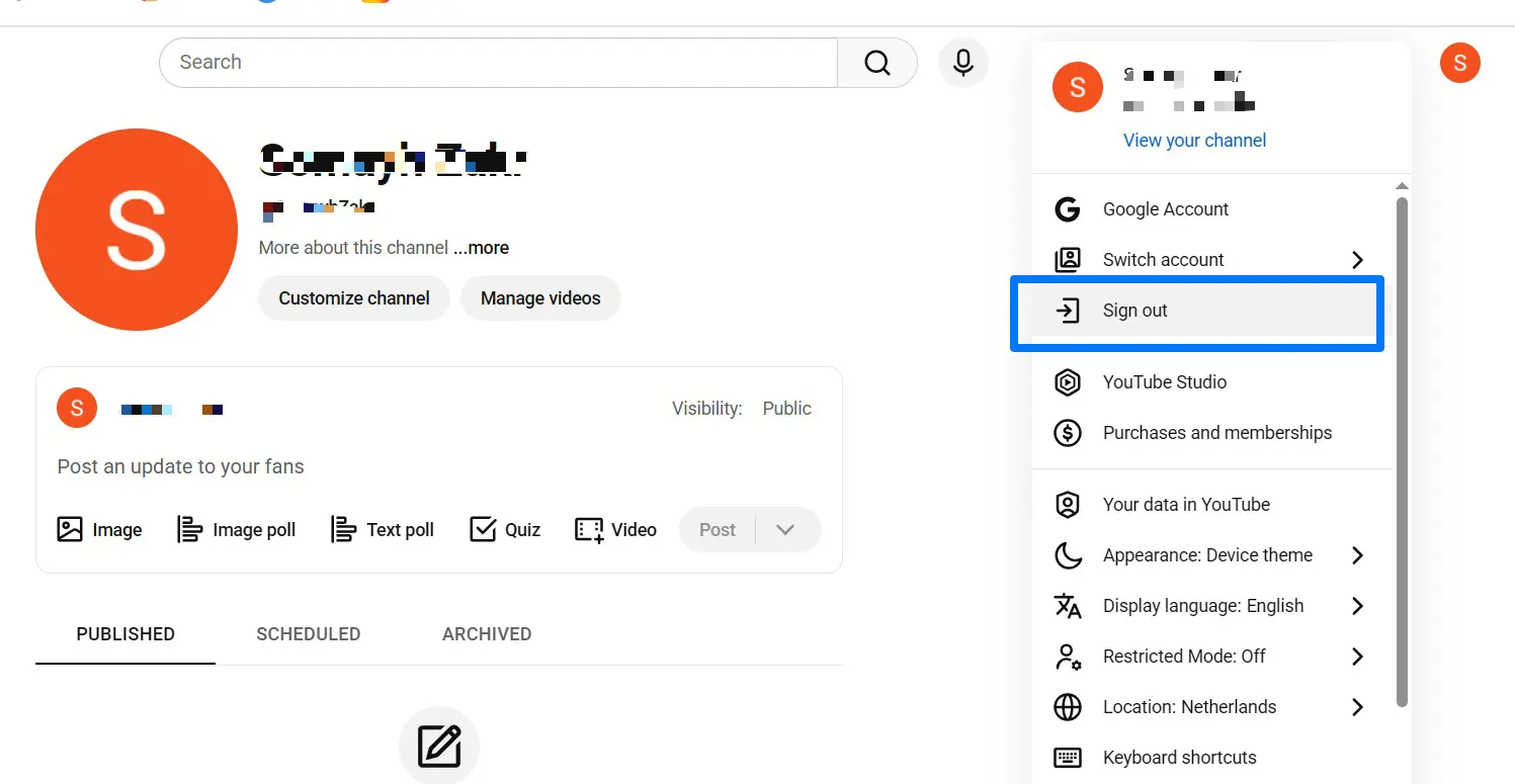آموزش خروج از حساب یوتیوب 
